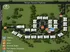 Scenic community layout highlighting buildings and amenities surrounded by lush greenery, featuring easy access to office, pool, mail, and pet-friendly areas.