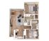 Modern 2D floor plan featuring 2 bedrooms, a cozy open-plan living and dining area, and a stylish kitchen with wood flooring.