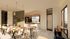 Chic caf&eacute; interior featuring elegant wooden tables, modern pendant lighting, and a stylish bar area with an open-air view.
