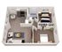 3D floor plan of a modern apartment with a bedroom, cozy living space, open kitchen, and bathroom.