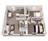 3D floor plan of a two-bedroom apartment featuring a spacious open living area and a modern kitchen.