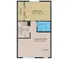 Detailed floor plan showing a 1 bedroom apartment with kitchen and living room.
