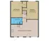 Elegant floor plan with a primary bedroom, additional bedroom, bathroom, and open kitchen-living area.