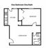 Efficient floor plan showcasing one bedroom, a modern kitchen, a comfortable living room, and a full bath.