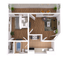 Chic floor plan featuring a cozy bedroom, elegant living area with balcony access, modern kitchen, and stylish bathroom.