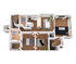 Modern 3D floor plan showcasing two bedrooms, open kitchen with island, and spacious living room, featuring elegant hardwood floors and stylish decor.