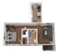 Modern 3D floor plan featuring a cozy bedroom, sleek living room, and a compact kitchen with dining area, perfect for urban living.