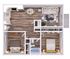 Modern 2D floor plan with two cozy bedrooms, stylish open living area, sleek kitchen, and contemporary bathroom.