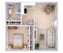 Bright and modern 1-bedroom apartment layout featuring an elegant living area, cozy dining space, and a contemporary kitchen.