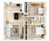 Elegant 2D floor plan displaying a chic two-bedroom apartment with modern kitchen, cozy living room, and well-appointed bathroom.