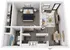 Modern 3D floor plan showcasing a cozy one-bedroom apartment with a stylish open-plan living room, a sleek kitchen, and a contemporary bathroom.