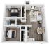 Modern 3D apartment floor plan featuring 2 cozy bedrooms, a stylish open-concept living area, and a chic dining space with a contemporary kitchen.
