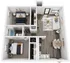 Chic 2D floor plan showcasing two bedrooms, a stylish open-concept living area, modern kitchen, and cozy dining space.