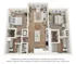 Elegant 3D floor plan featuring 2 spacious bedrooms, open-concept living area, modern kitchen, and stylish bathrooms with walk-in closets.