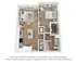 Charming open-concept one-bedroom floor plan featuring a cozy living room, modern kitchen with island seating, and spacious bathroom.