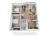 Chic 3D floor plan featuring 2 cozy bedrooms, a modern living room, and a compact kitchen with stylish wood flooring.