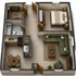 Charming 1-bedroom apartment floor plan with a spacious living area, cozy kitchen, elegant dining space, and a luxurious walk-in closet.