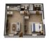 Modern 3D floor plan featuring a spacious layout with one bedroom, an open kitchen with a breakfast bar, cozy living room, elegant bathroom, and dedicated wardrobe space.