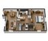 Modern 3D apartment floor plan featuring an elegant bedroom, cozy living room, stylish kitchen with breakfast bar, and a chic dining area.