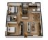 Sleek 3D floor plan showcasing 2 cozy bedrooms, modern kitchen, and inviting open-concept living and dining area.