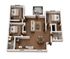 Modern 3D apartment floor plan showcasing 3 bedrooms, 2 bathrooms, open living and dining area, and a cozy balcony.
