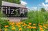 Inviting Fitz on 14th leasing center sign nestled among vibrant flowers and lush greenery under a bright blue sky.