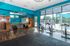 Bright, modern gym with vibrant blue walls, featuring exercise bikes, expansive mirrors, and a view of the outdoor pool area.