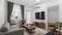 Chic apartment living room featuring modern furniture, a large flat screen TV, and abundant natural light through elegant curtains.