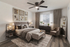 Elegant bedroom with chic d&eacute;cor features a plush bed, stylish artwork, sleek furniture, and abundant natural light for a serene ambiance.