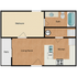 Charming floor plan featuring 1-bedroom, kitchen with dishwasher, cozy living room, and patio access.