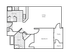 One bedroom floor plan featuring a spacious living area, well-equipped kitchen, inviting bedroom, and private patio.