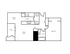 Contemporary floor plan showcasing a spacious 1-bedroom apartment with a patio, modern kitchen, and open living area.