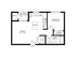 Modern 1-bedroom floor plan with spacious living area, kitchen island, private balcony, and well-appointed bath.
