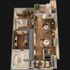 Elegant apartment floor plan showcasing a spacious bedroom, modern kitchen, stylish living area, and beautifully designed bathroom.