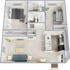 Two bedroom, two bath, 738 square foot apartment