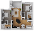 1,047 square foot, two bedroom, two bath apartment home