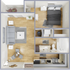 Modern 3D floor plan showcasing a cozy one-bedroom apartment with open living space, sleek kitchen, and stylish bathroom.