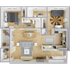Modern 3D floor plan showcasing one bedroom, open-plan kitchen and living area, home office, and balcony, perfect for stylish urban living.
