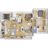 Modern 3-bedroom apartment floor plan featuring a spacious open-concept living area, elegant kitchen with island seating, and two stylish bathrooms.