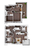 Modern two-story apartment floor plan with two spacious bedrooms, two bathrooms, open-concept kitchen and living area, stylish spiral staircase, and private balcony with outdoor seating.