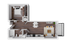 Elegant 2D floor plan featuring a cozy bedroom, open kitchen with dining area, and inviting living room with balcony access.