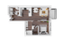Contemporary 2D floor plan with a spacious bedroom, open living and dining area, modern kitchen, compact laundry space, and inviting balcony.