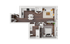 Modern 2D floor plan showcasing a cozy one-bedroom apartment with open living space, L-shaped kitchen, and sleek wooden flooring.