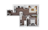Modern 2D floor plan showcasing 1 bedroom and a cozy living area with an open kitchen. Includes stylish wood flooring and ample closet space.