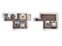 Elegant 2D floor plan showcasing a two-level apartment with two cozy bedrooms, an inviting living area, and a modern kitchen. Features include rich wood flooring and innovative layout for spacious living.