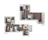 Modern 3D floor plan featuring two bedrooms, open living area with sleek kitchen, and convenient in-unit laundry.