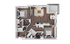 Modern 3D floor plan showcasing 2 bedrooms, a cozy living room, stylish dining area, and sleek kitchen, all with elegant wood flooring.