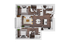Elegant floor plan showcasing 2 bedrooms, stylish open-concept living room, and modern kitchen with island.