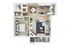 Modern floor plan of a cozy apartment featuring a spacious bedroom, sleek living area with large sofa, dining table, and a stylish kitchen. Includes a private balcony for outdoor enjoyment.