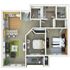 Vibrant 3D floor plan showcasing a comfortable two-bedroom apartment with an open kitchen, cozy living space, and two modern bathrooms.